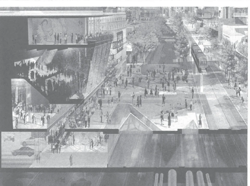 Original graphic: Pedestrianised street; road and rail links underground