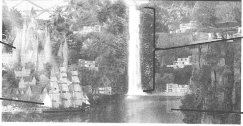 Original Golden Flower Adventure Mall concept image: jungle waterfall, ship and lake