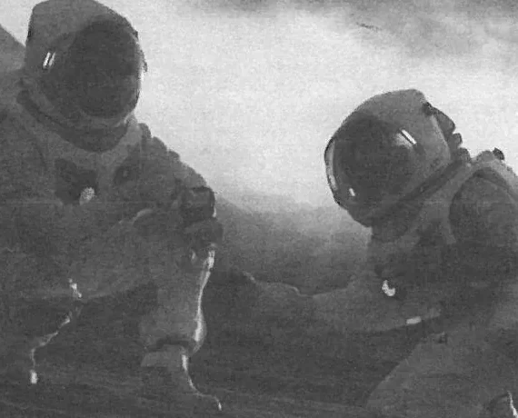 Original source photograph of two astronauts on a rocky landscape