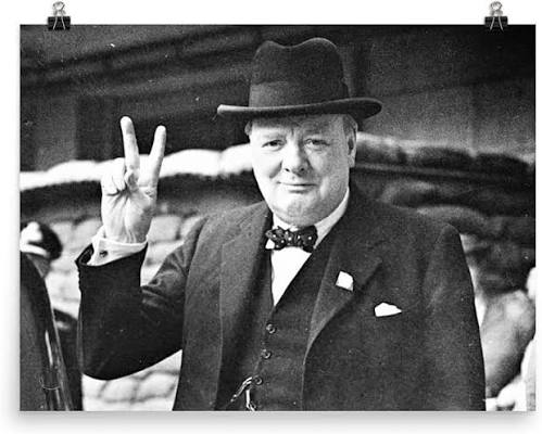 Winston Churchill giving the V for victory sign